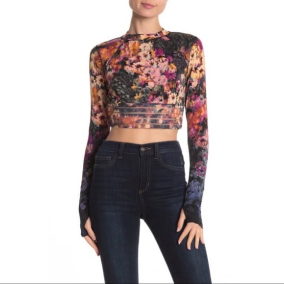 [Free People] Floral Mesh Paneled Crop Top - Picture 3 of 6